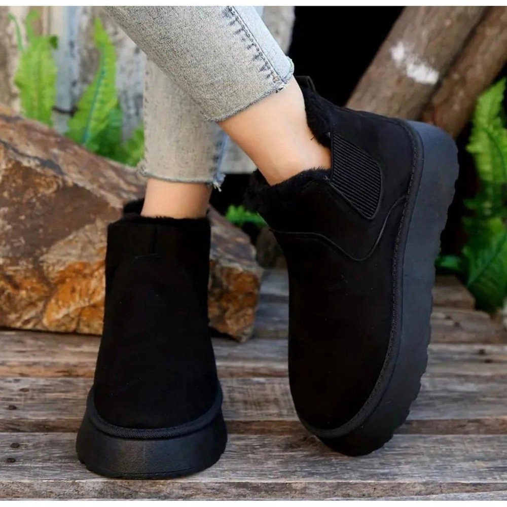 Winter Snow Boots Black Faux Fur Lined Platform Ankle Shoes Women Size 6.5